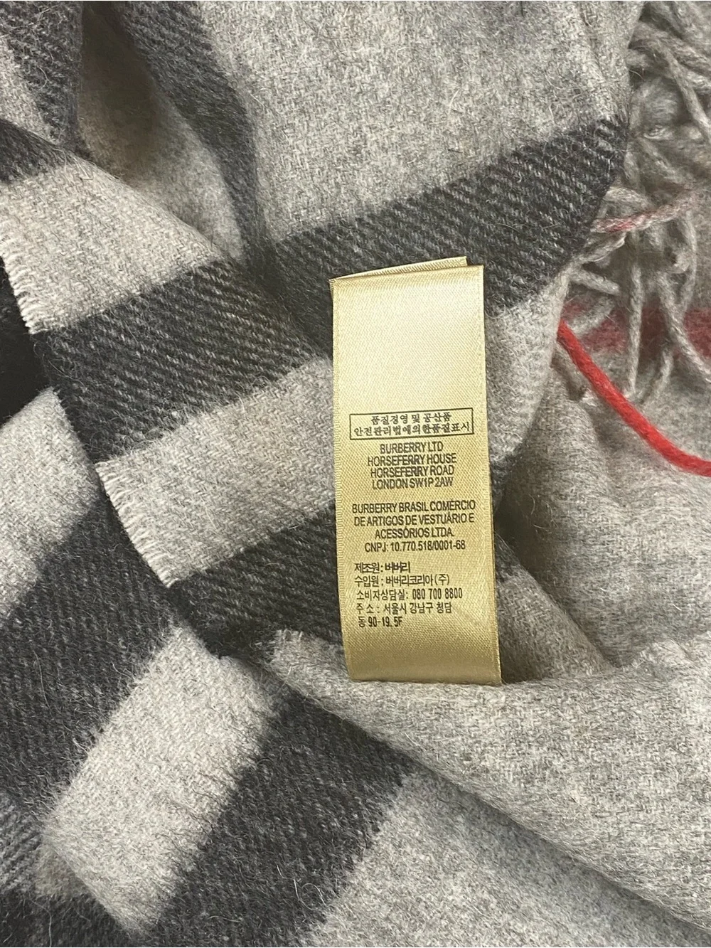 Burberry Gray, Black and Red Check Wool Scarf with Fringe